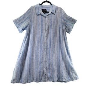 Tahari 1X Linen Shirt Dress Button Up Short Sleeve Pockets Blue White Stripes